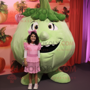 Peach Cabbage mascot costume character dressed with a Mom Jeans and Hair clips