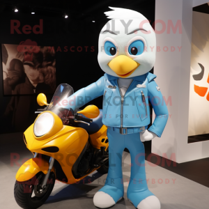 Cyan Butter Chicken mascot costume character dressed with a Moto Jacket and Ties