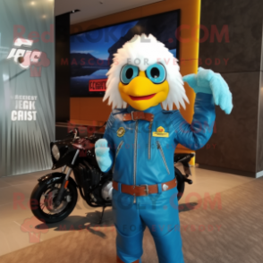 Cyan Butter Chicken mascot costume character dressed with a Moto Jacket and Ties