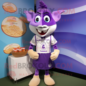 Lavender Ceviche mascot costume character dressed with a Rugby Shirt and Coin purses