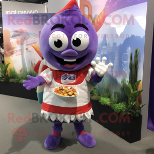 Lavender Ceviche mascot costume character dressed with a Rugby Shirt and Coin purses