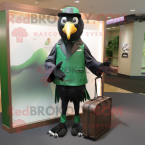Forest Green Crow mascot costume character dressed with a Suit and Handbags