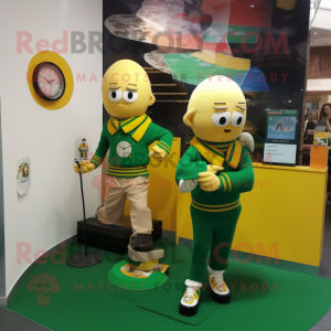 Yellow Irish Flag mascot costume character dressed with a Cardigan and Digital watches