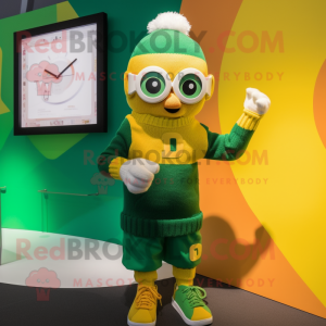 Yellow Irish Flag mascot costume character dressed with a Cardigan and Digital watches