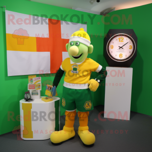 Yellow Irish Flag mascot costume character dressed with a Cardigan and Digital watches