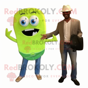 Lime Green Enchiladas mascot costume character dressed with a Denim Shorts and Tie pins