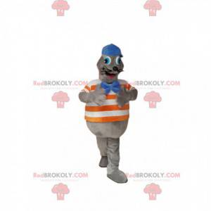 Mascotte grijze zeehond met een blauwe dop. Seal kostuum -