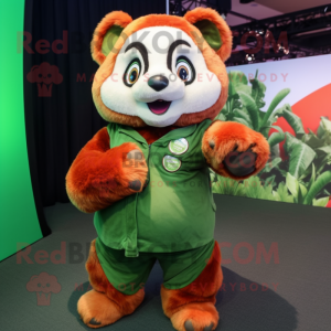 Green Red Panda mascot costume character dressed with a Jumpsuit and Wraps