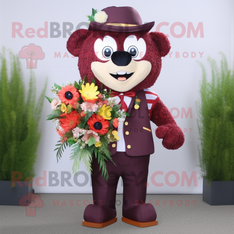 Maroon Bouquet Of Flowers mascot costume character dressed with a Jacket and Necklaces