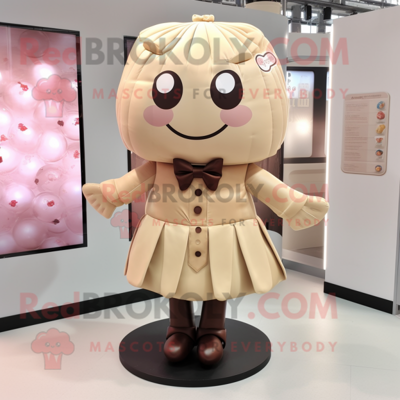 Beige Chocolates mascot costume character dressed with a Skirt and Tie pins