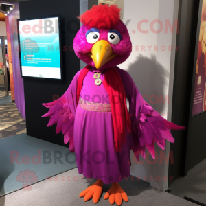Magenta Butter Chicken mascot costume character dressed with a Wrap Dress and Tie pins
