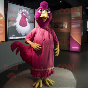 Magenta Butter Chicken mascot costume character dressed with a Wrap Dress and Tie pins