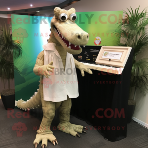 Beige Crocodile mascot costume character dressed with a Midi Dress and Lapel pins