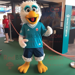 Teal Fried Chicken mascot costume character dressed with a Rugby Shirt and Shoe laces