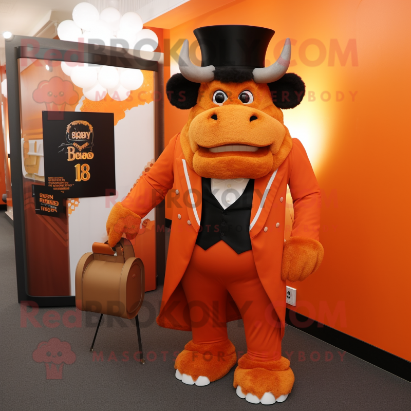 Orange Bison mascot costume character dressed with a Tuxedo and Coin purses