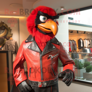 Red Crow mascot costume character dressed with a Leather Jacket and Brooches