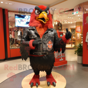 Red Crow mascot costume character dressed with a Leather Jacket and Brooches