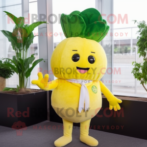 Lemon Yellow Turnip mascot costume character dressed with a Suit and Scarves