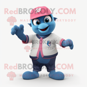 Pink Blue Jay mascot costume character dressed with a Jeans and Smartwatches