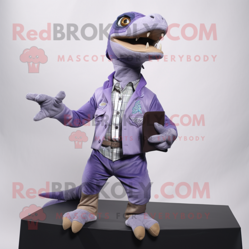 Lavender Velociraptor mascot costume character dressed with a Oxford Shirt and Mittens