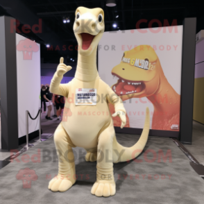 Beige Brachiosaurus mascot costume character dressed with a Graphic Tee and Anklets