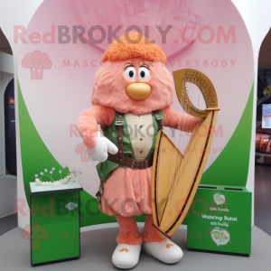 Peach Celtic Harp mascot costume character dressed with a V-Neck Tee and Backpacks