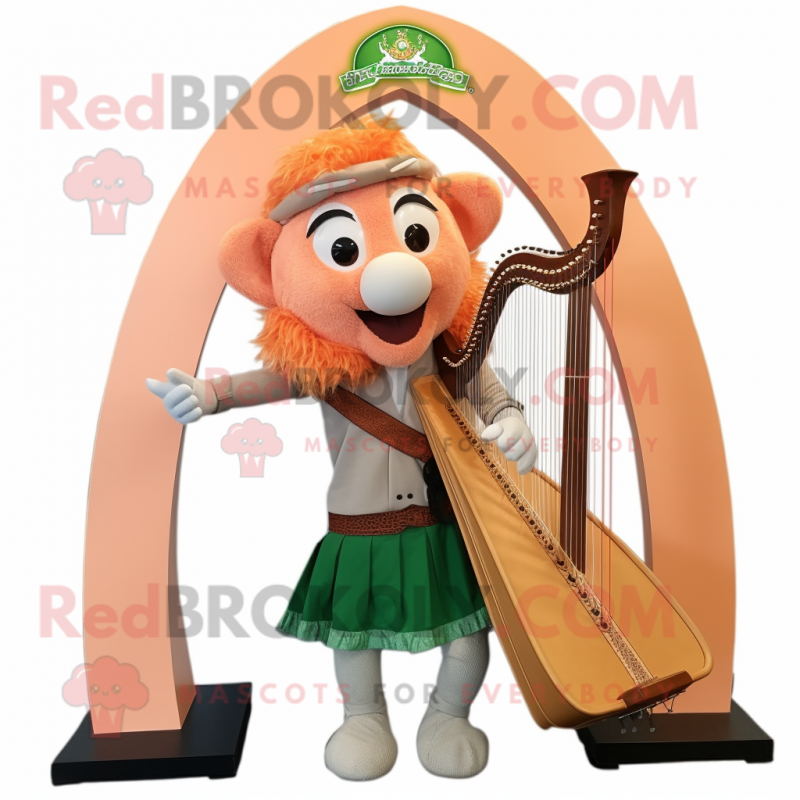 Peach Celtic Harp mascot costume character dressed with a V-Neck Tee and Backpacks