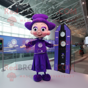 Purple Trapeze Artist mascot costume character dressed with a Mini Dress and Digital watches