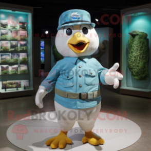 Cyan Dove mascot costume character dressed with a Cargo Shorts and Hat pins
