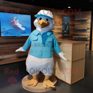 Cyan Dove mascot costume character dressed with a Cargo Shorts and Hat pins