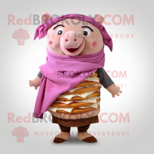 Pink Pulled Pork Sandwich mascot costume character dressed with a Cover-up and Scarf clips