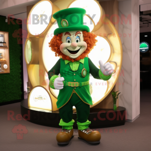 Forest Green Leprechaun mascot costume character dressed with a Waistcoat and Bracelet watches