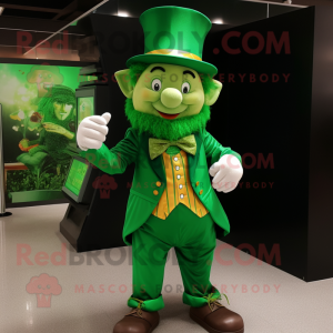Forest Green Leprechaun mascot costume character dressed with a Waistcoat and Bracelet watches