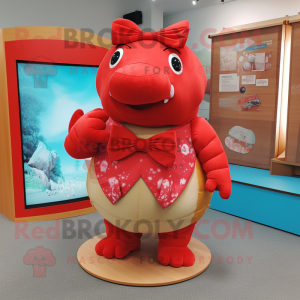 Red Glyptodon mascot costume character dressed with a Wrap Skirt and Bow ties