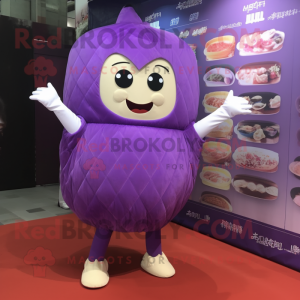 Purple Dim Sum mascot costume character dressed with a Leggings and Shoe clips