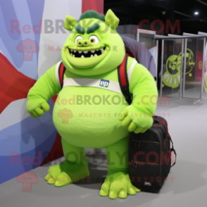 Lime Green Ogre mascot costume character dressed with a V-Neck Tee and Backpacks