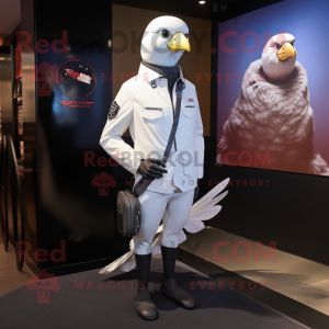 White Pigeon mascot costume character dressed with a Moto Jacket and Clutch bags