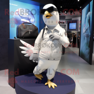 White Pigeon mascot costume character dressed with a Moto Jacket and Clutch bags