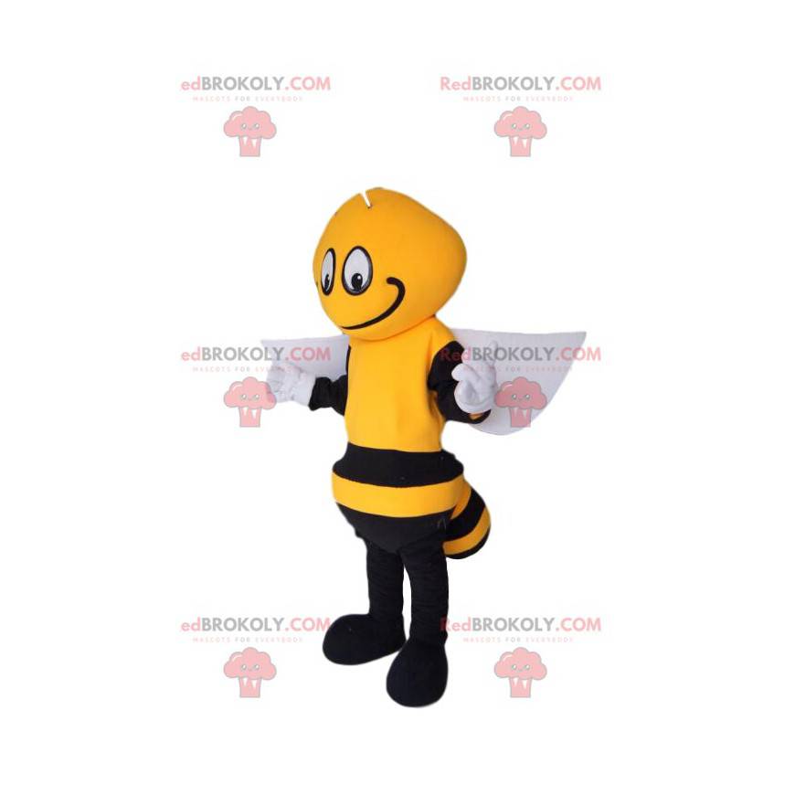 Sort og gul bi-maskot med hvide vinger - Redbrokoly.com
