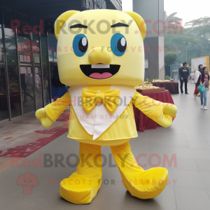 Yellow Dim Sum mascot costume character dressed with a Jeans and Bow ties