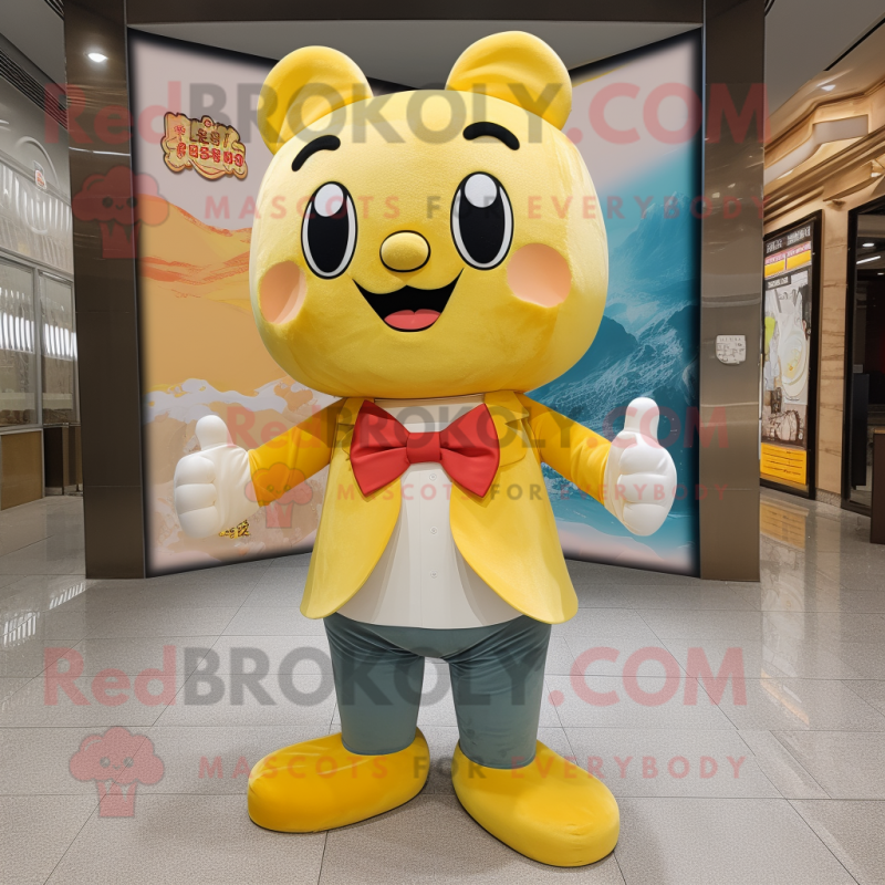 Yellow Dim Sum mascot costume character dressed with a Jeans and Bow ties