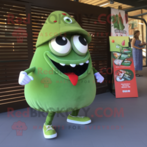 Olive Shakshuka mascot costume character dressed with a Shorts and Lapel pins