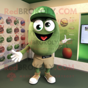 Olive Shakshuka mascot costume character dressed with a Shorts and Lapel pins