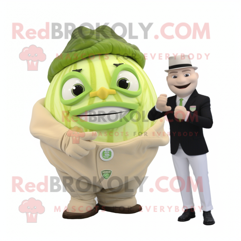 Cream Cabbage mascot costume character dressed with a Suit Jacket and Smartwatches