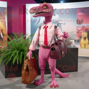 Magenta Deinonychus mascot costume character dressed with a Poplin Shirt and Handbags