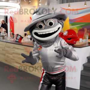 Silver Fajitas mascot costume character dressed with a Moto Jacket and Hats