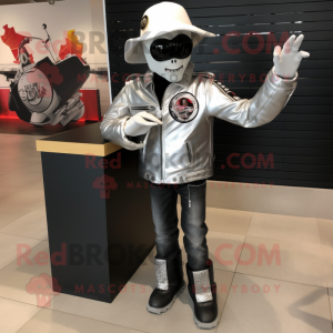 Silver Fajitas mascot costume character dressed with a Moto Jacket and Hats