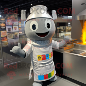 Silver Ramen mascot costume character dressed with a Graphic Tee and Mittens