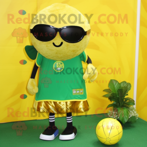 Gold Broccoli mascot costume character dressed with a Swimwear and Eyeglasses