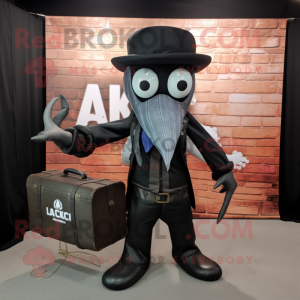 Black Kraken mascot costume character dressed with a Blazer and Messenger bags